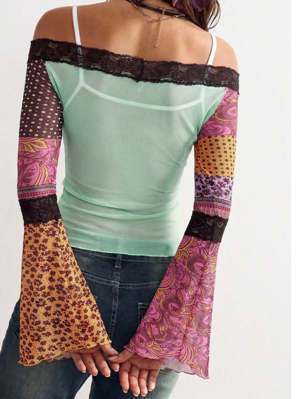 Boho Colorful Floral Polka Dot Lace off Shoulder Semi Sheer Long Sleeve Top - Picture 2 of 5